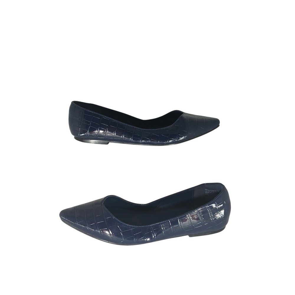 JF Amanda Pointed Toe Flats 8.5 Navy Blue Croc Embossed Patent Slip On Shoes